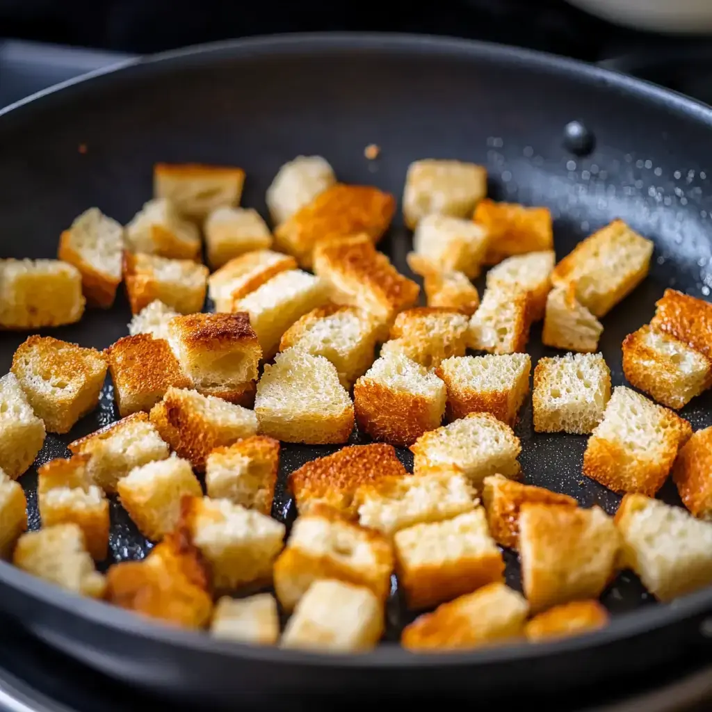 You see a pan full of little golden, crispy bread cubes.
