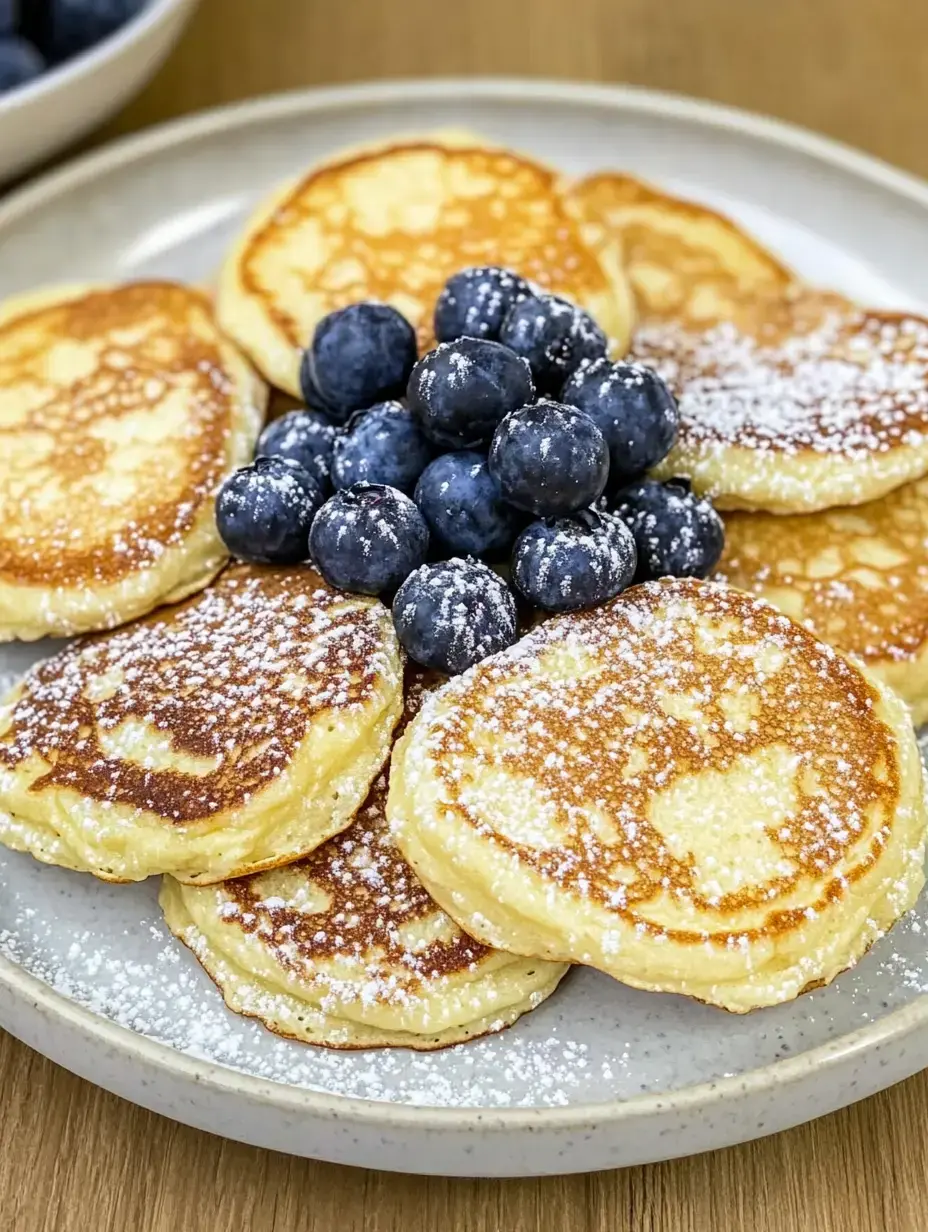 A plate of fluffy pancakes garnished with fresh blueberries and powdered sugar.