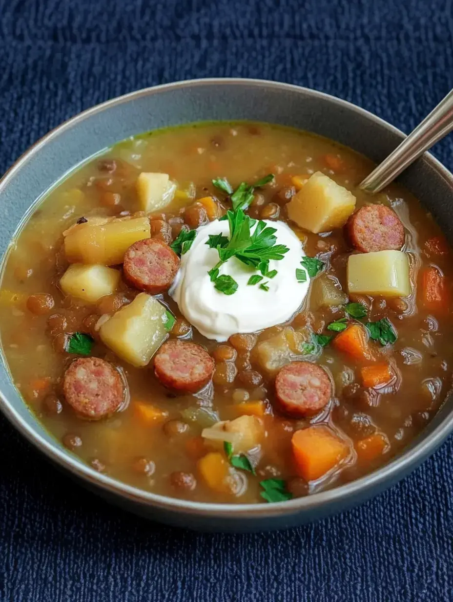 A bowl of lentil soup with sliced sausage, potatoes, carrots, plus a scoop of sour cream and fresh parsley sprinkled on top.