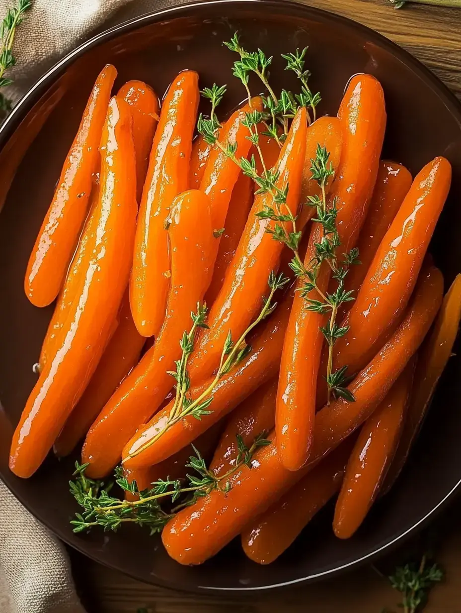 A moody plate showing off shiny orange carrots with fresh thyme on top.