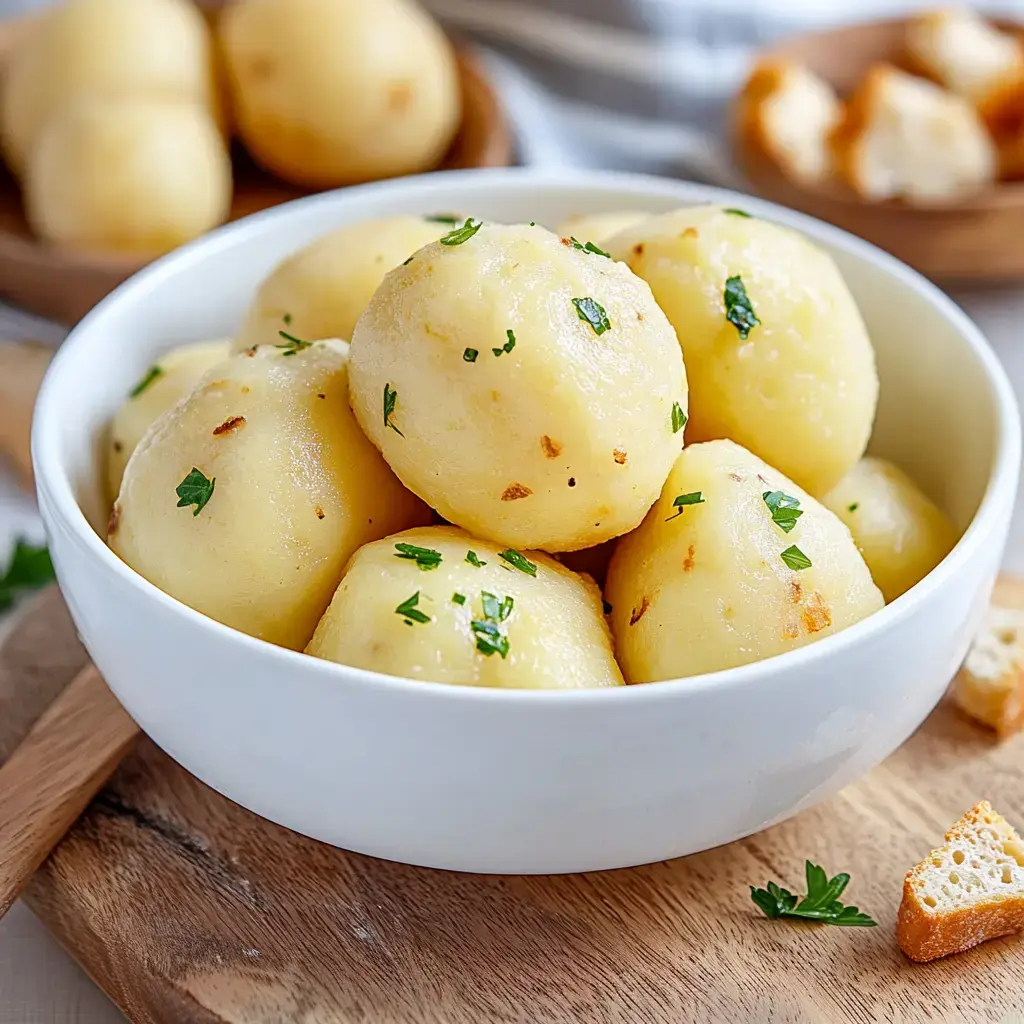 A bowl of cooked potatoes topped with freshly chopped parsley sits on a wooden plate, with some bread cubes on the side.