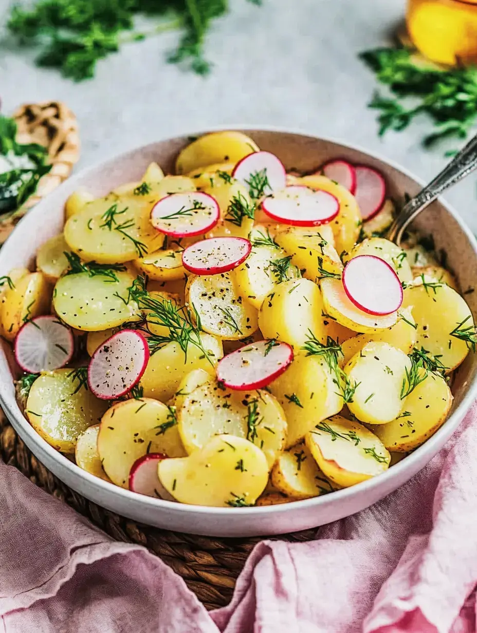A freshly made potato salad with radishes and dill in a white bowl.
