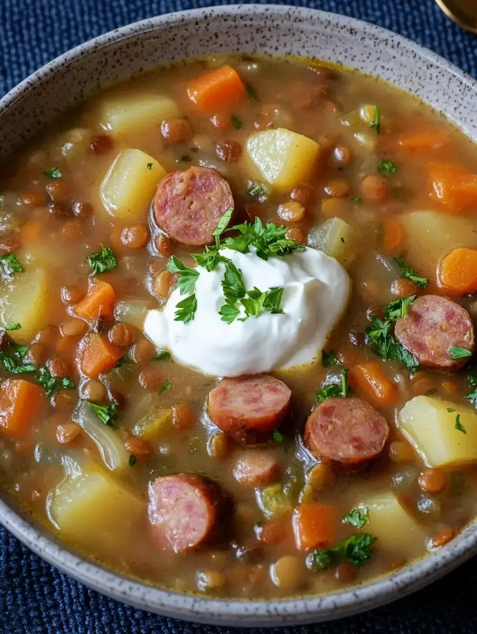 A light lentil soup with carrots, potatoes, slices of sausage, topped with a dollop of sour cream and fresh parsley.