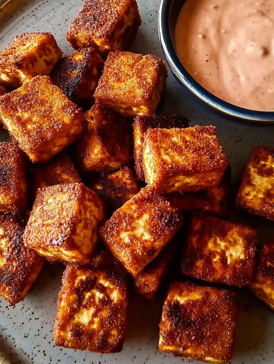 A plate full of crispy fried tofu cubes next to a small bowl of dipping sauce.