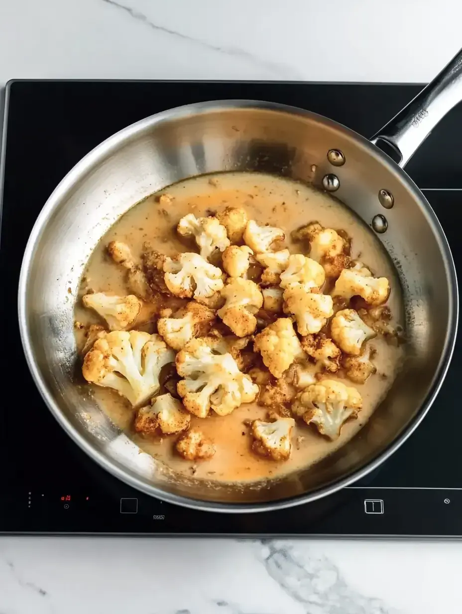 A pan filled with golden cauliflower in a velvety sauce on an induction stove.