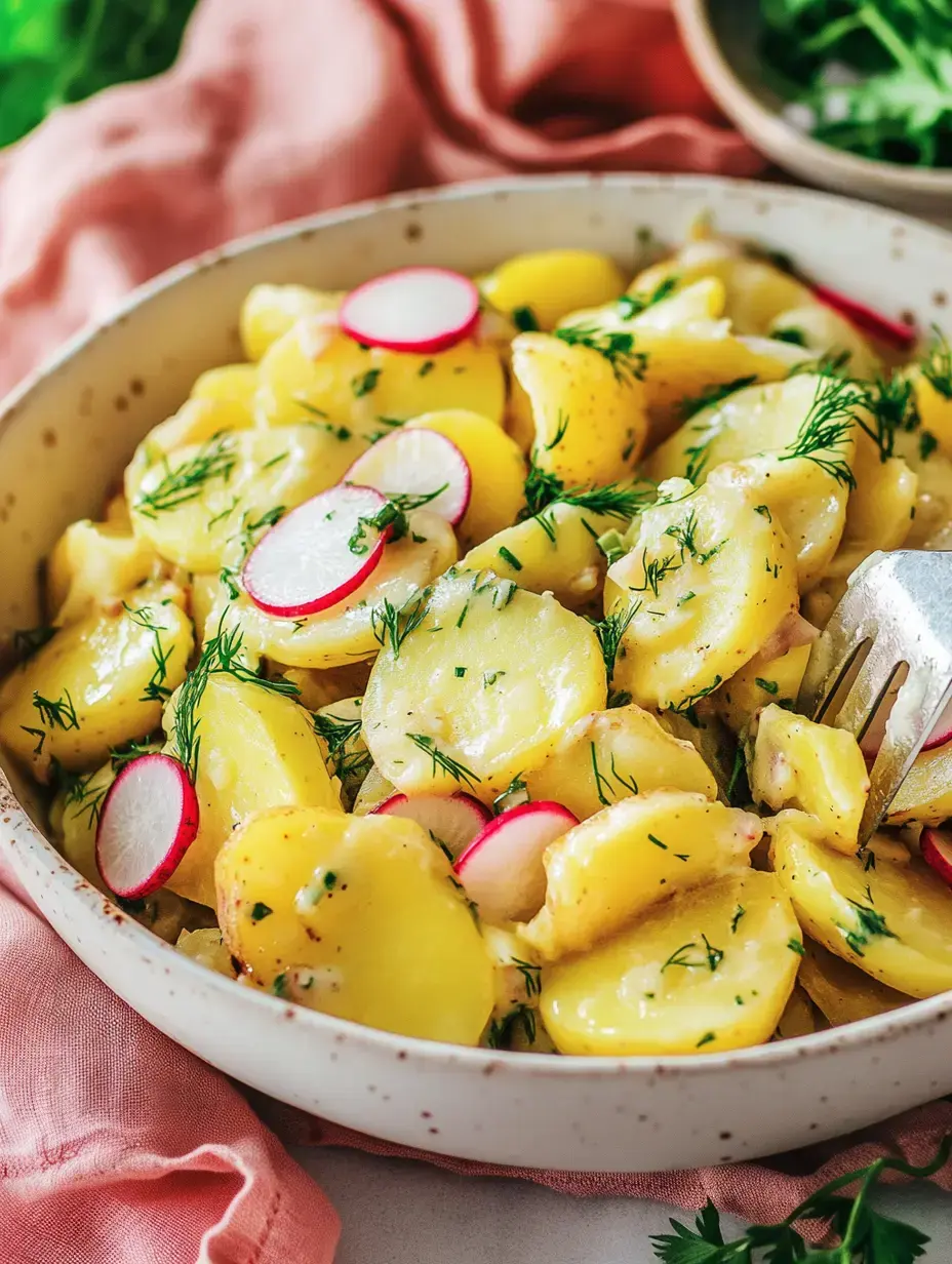 A plate of potato salad topped with radishes and fresh dill, on a table with a pink cloth napkin.
