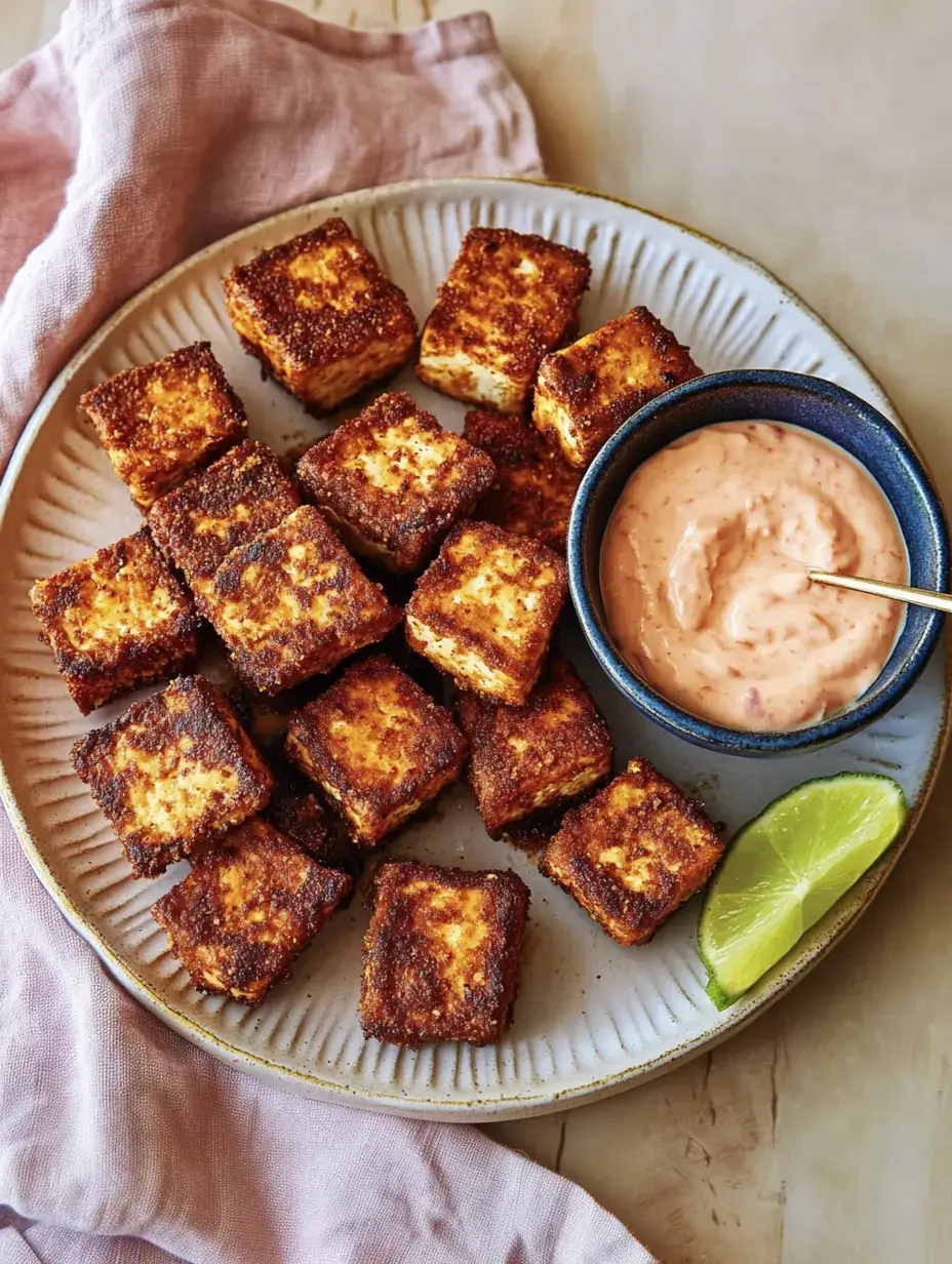 A plate with crispy fried tofu chunks, served alongside creamy honey-sriracha sauce and a lime wedge.