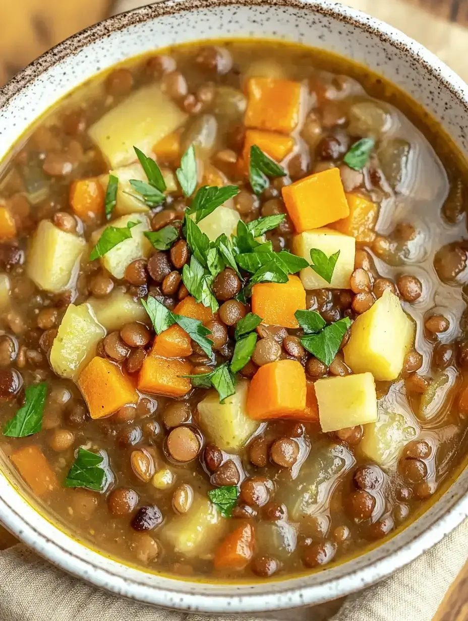 A bowl of lentil soup topped with chunks of carrot, potato, and a sprinkle of fresh parsley.