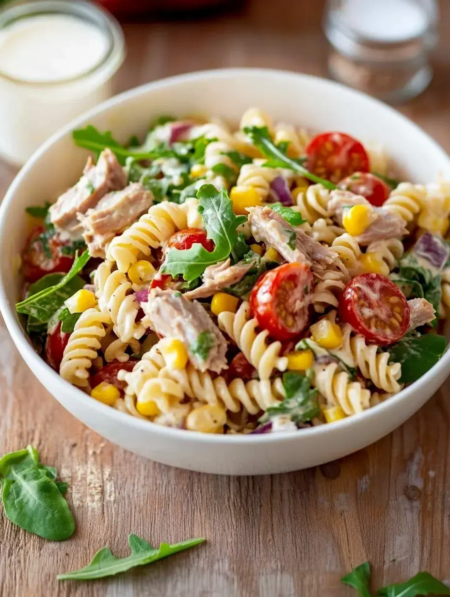 A wooden table holding a big bowl of pasta salad with tuna, sweetcorn, cherry tomatoes, and arugula.