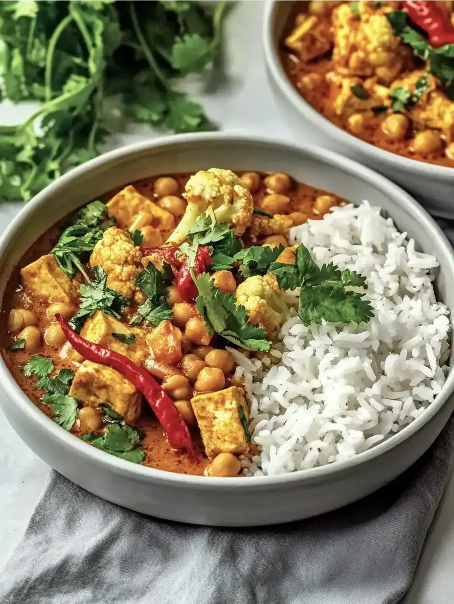 A bowl with chickpea curry, cauliflower, and tofu, topped with fresh cilantro and red chilies, served with fluffy rice.