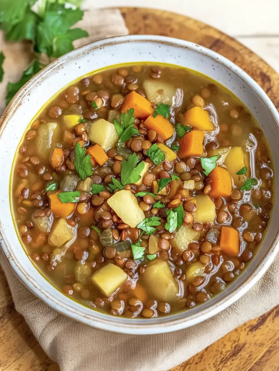 A plate of lentil soup topped off with chunky veggies and fresh herbs.