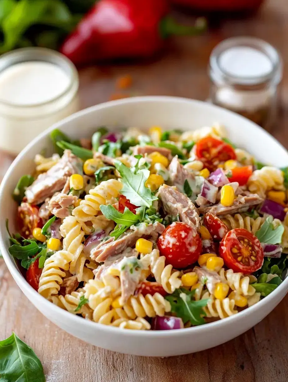 On a wood tabletop, a bowl with pasta, tuna, cherry tomatoes, corn, arugula, and creamy dressing sits invitingly.