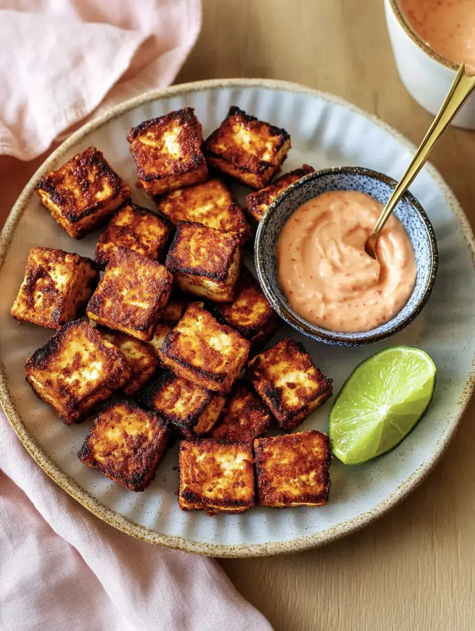 A plate of crispy fried tofu cubes served with pink sauce and a lime wedge.