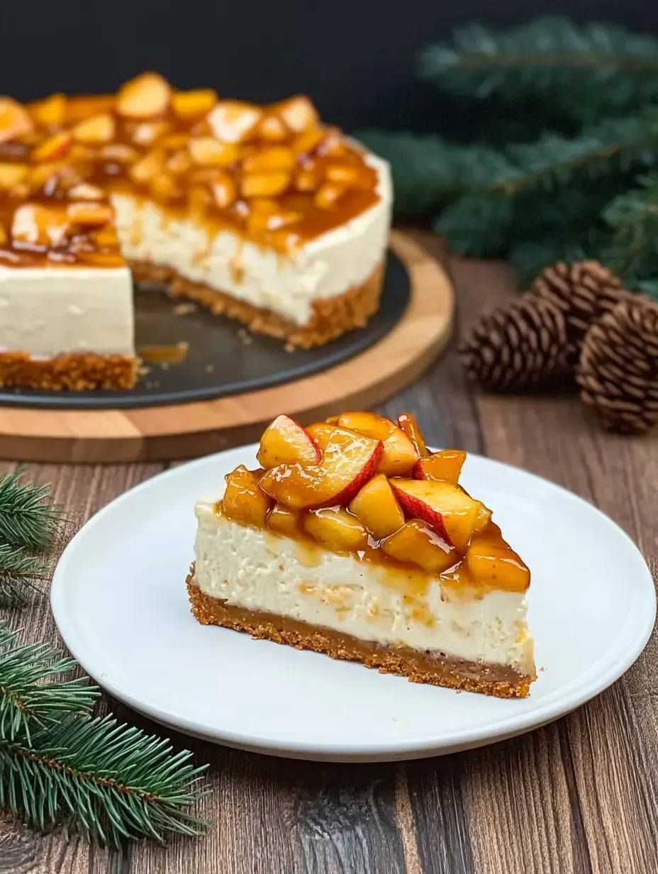 A slice of cheesecake with apple topping on a white plate in front of a half cake and rustic wooden table.