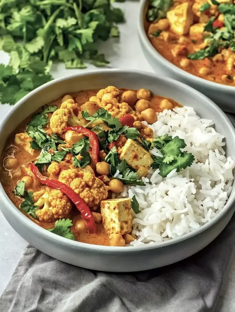 A bowl of chickpea curry, cauliflower, red chillies, and fresh cilantro, served alongside a scoop of rice.