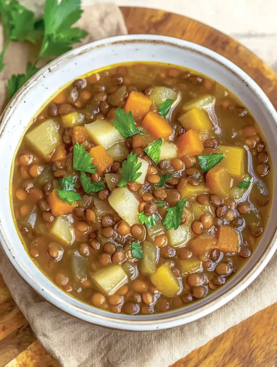 A bowl of lentil soup with veggie chunks and a topping of fresh herbs.