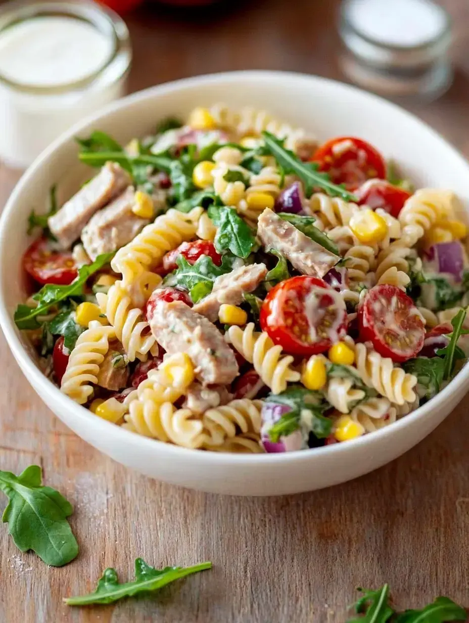 On a rustic wood table, there’s a bowl of fusilli, cherry tomatoes, corn, arugula, and meat chunks all ready to eat.