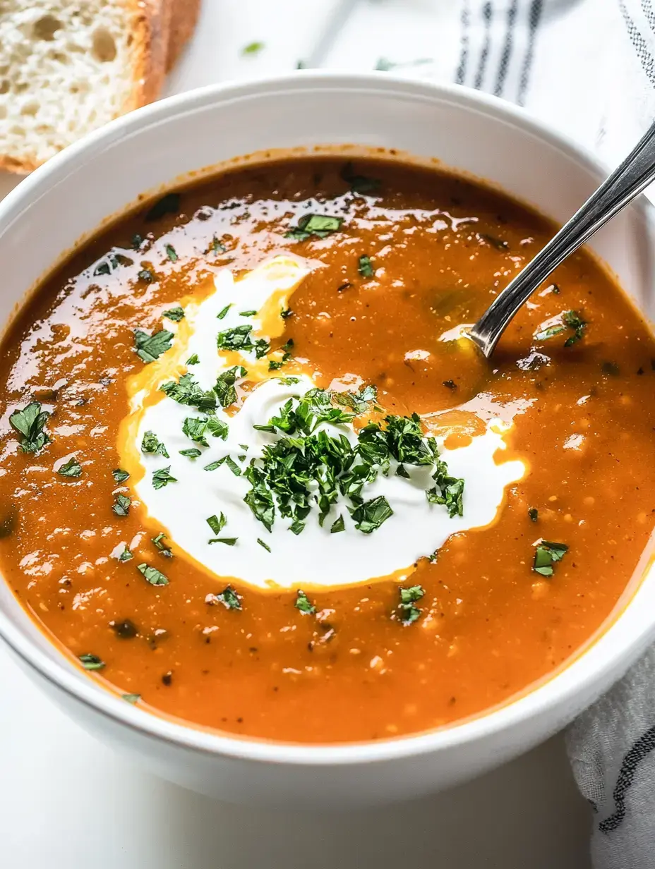 A bowl of tomato soup topped with a dollop of sour cream and fresh herbs, sitting next to a slice of bread.