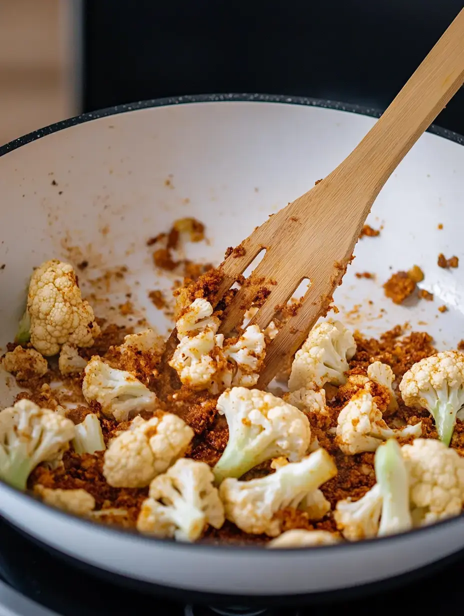Cauliflower getting stirred with spices in a pan.