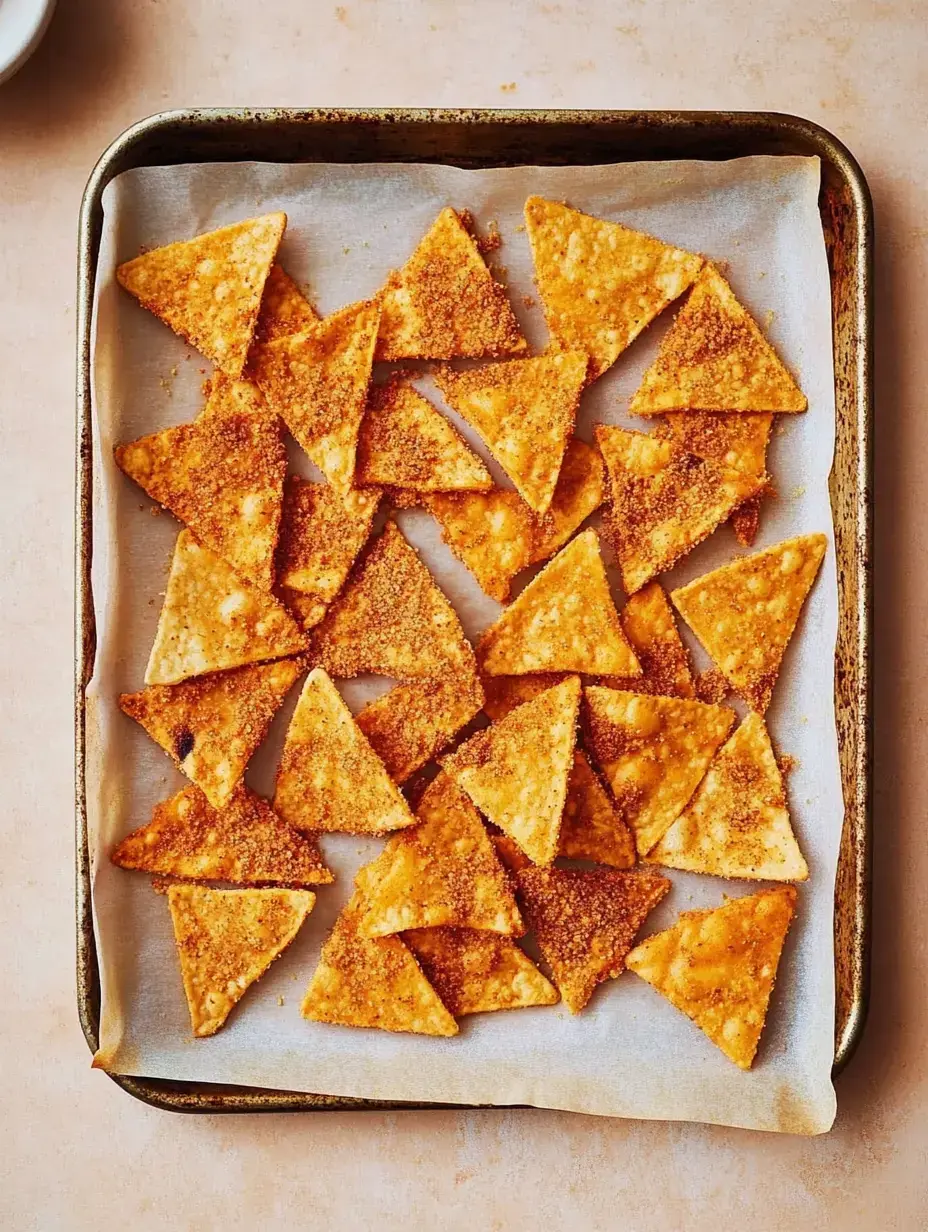 A tray of crispy, golden brown tortilla chips sitting on baking paper.