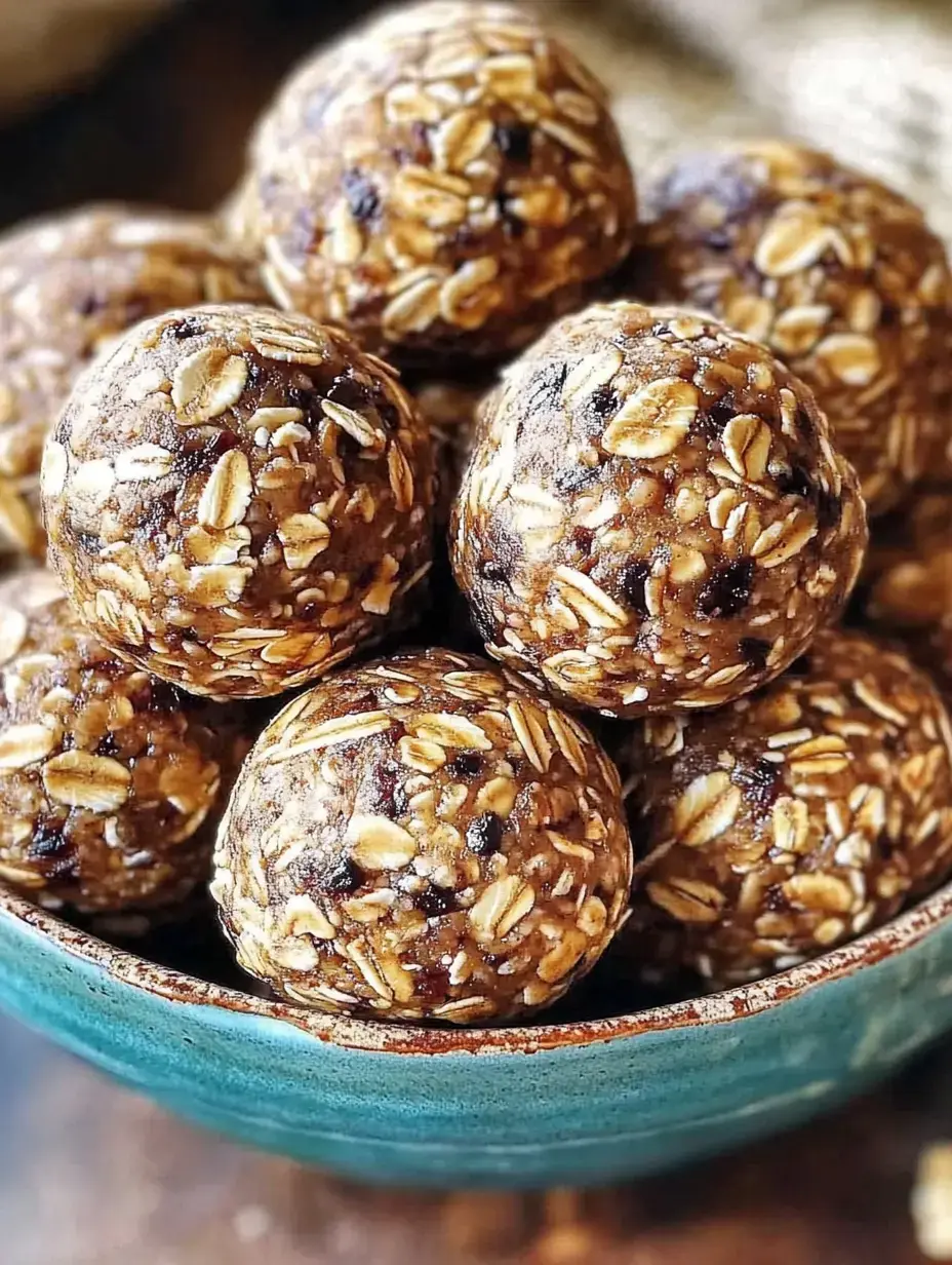 Eine Schüssel mit einer Ansammlung von Haferenergiebällchen, die mit Haferflocken und anderen Zutaten zubereitet sind.