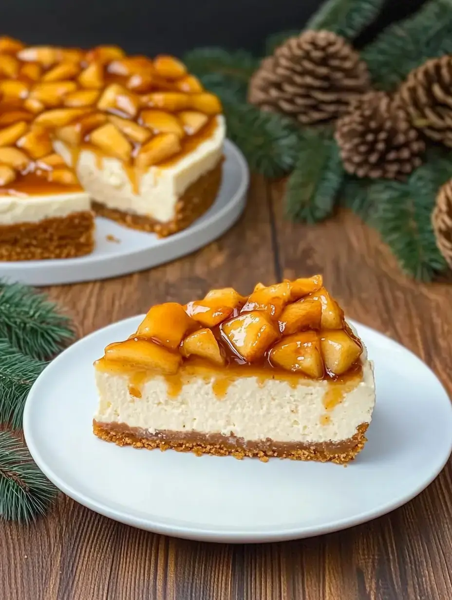 A piece of cheesecake with caramelized apples and cookie crumb base, served on a white plate.