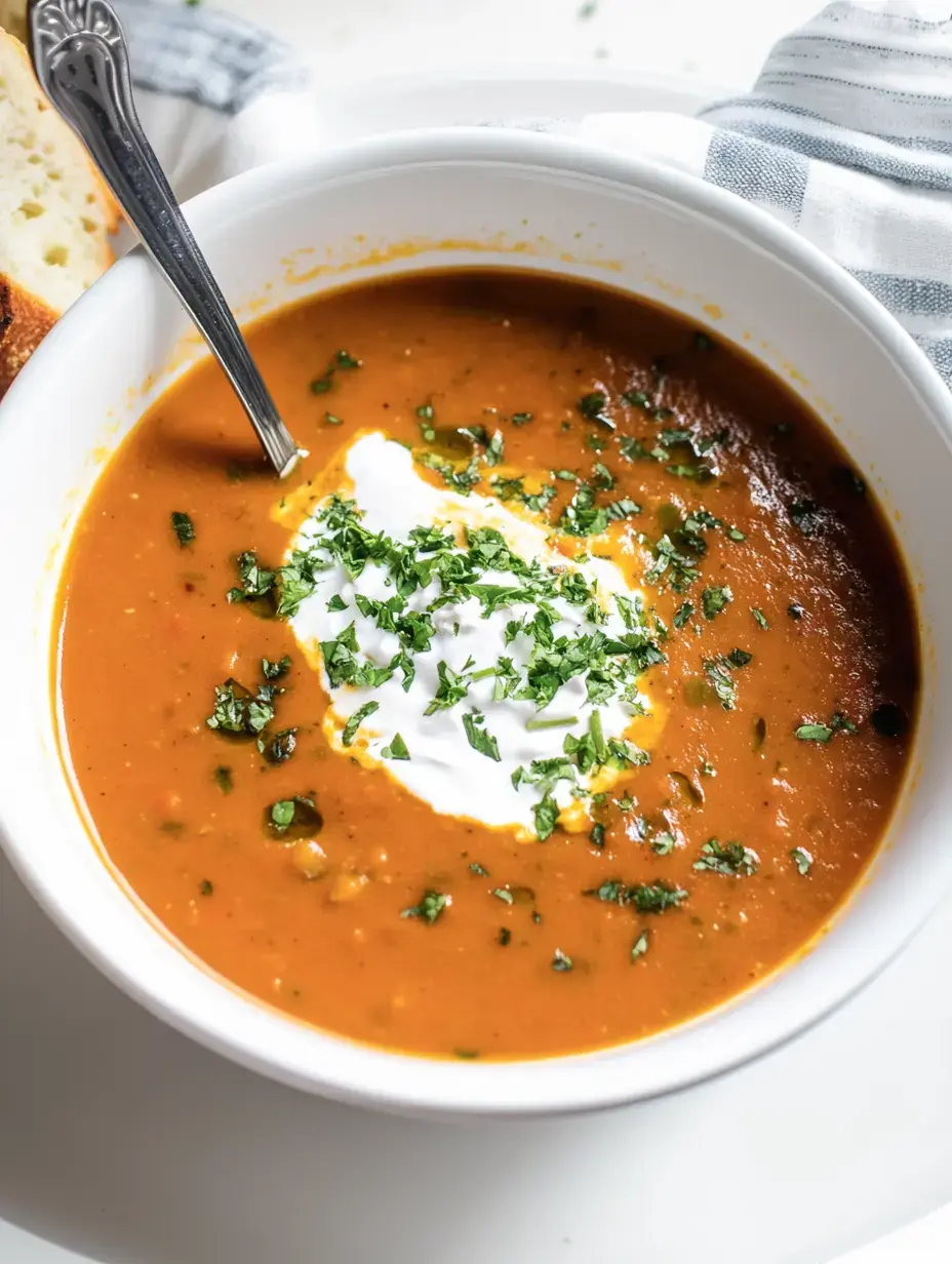 A bowl filled with orange soup, topped with sour cream and chopped fresh cilantro.