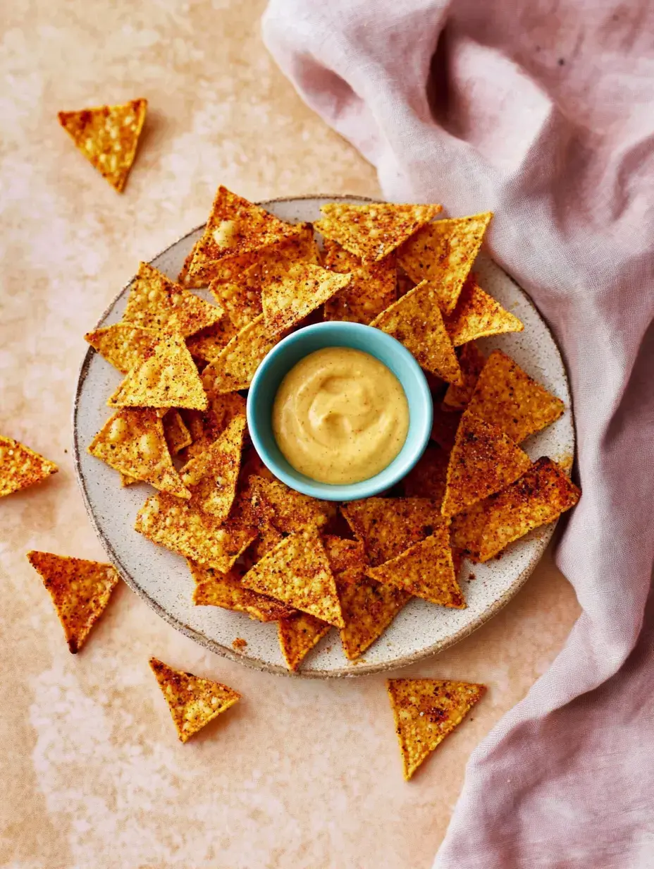 A plate filled with spiced tortilla chips, scattered with a few extra chips, plus a little bowl of creamy dip in the center.