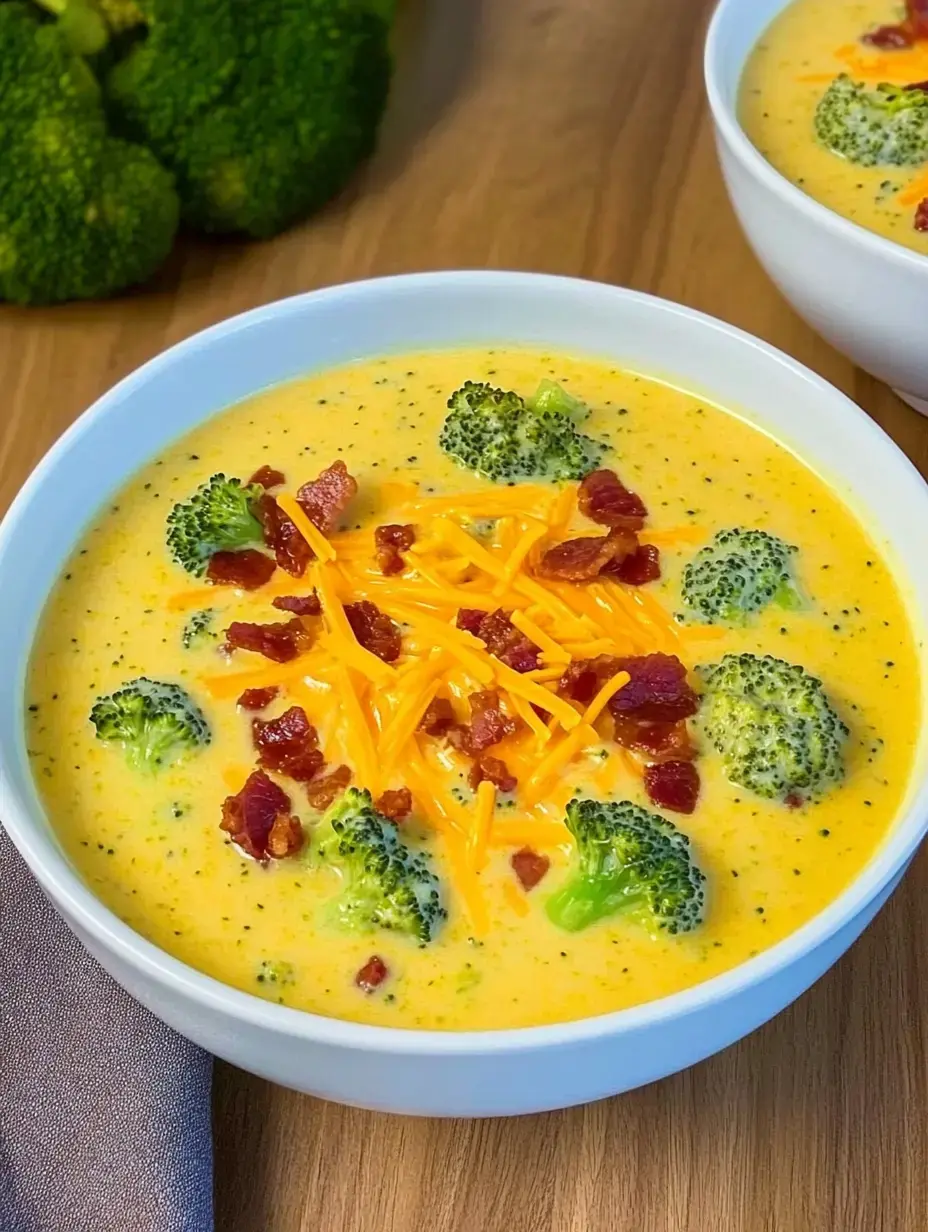 A bowl of creamy broccoli soup topped with cheddar cheese and bacon bits.