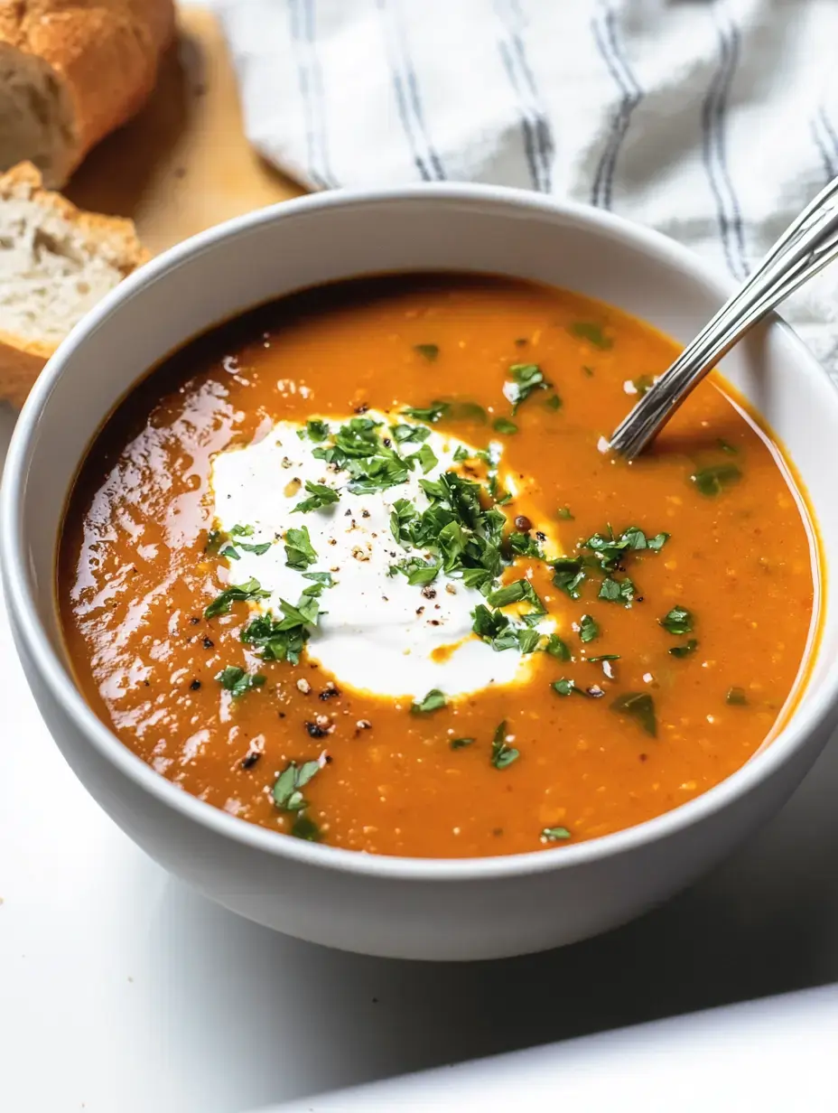 A bowl of red soup topped with sour cream and fresh cilantro, sitting next to a slice of bread on a wooden board.