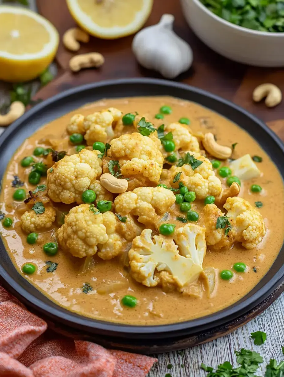 Plated cauliflower in rich creamy sauce, topped with green peas, cashews, and fresh coriander. Lemon and garlic on the side.