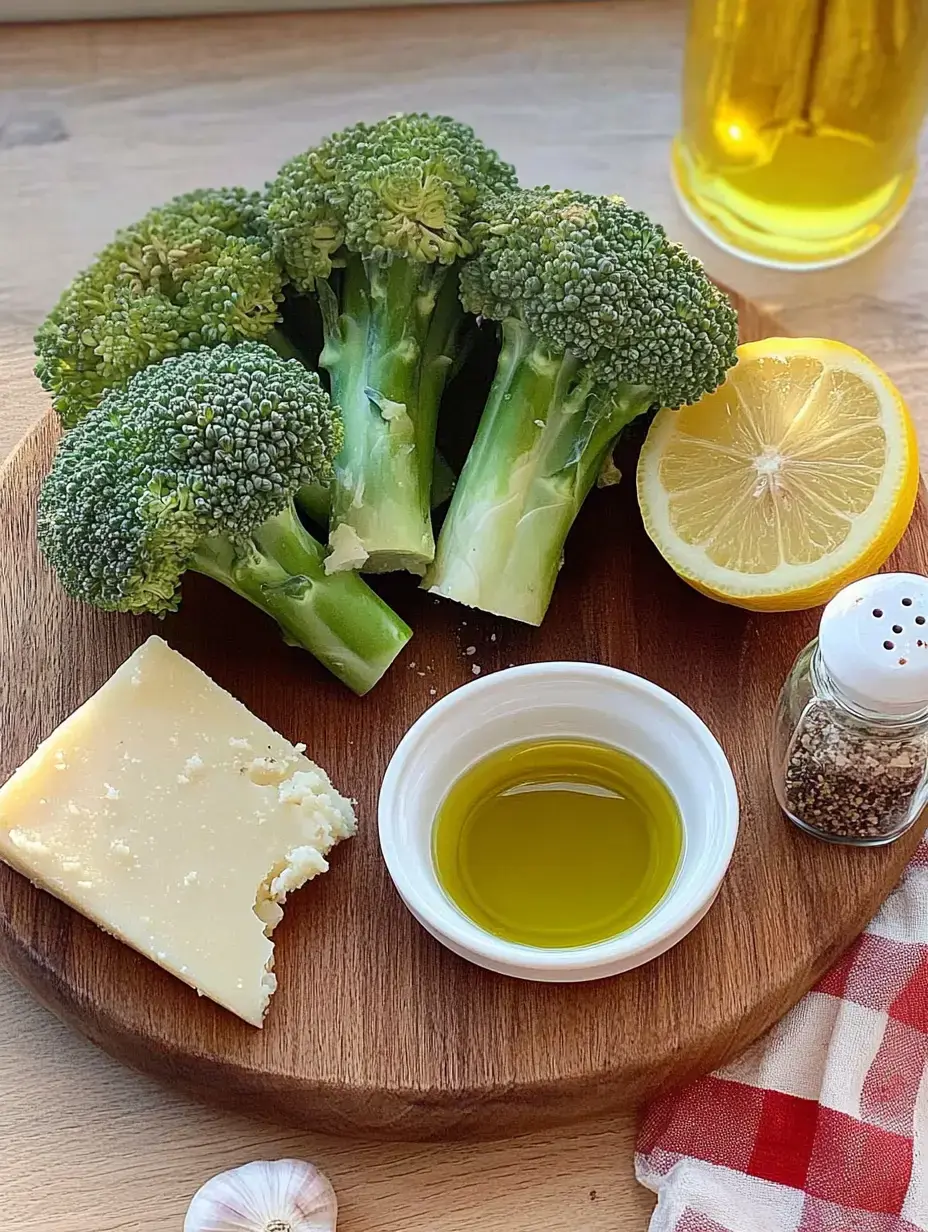 A wooden board with broccoli, half a lemon, olive oil, cheese, and spices.