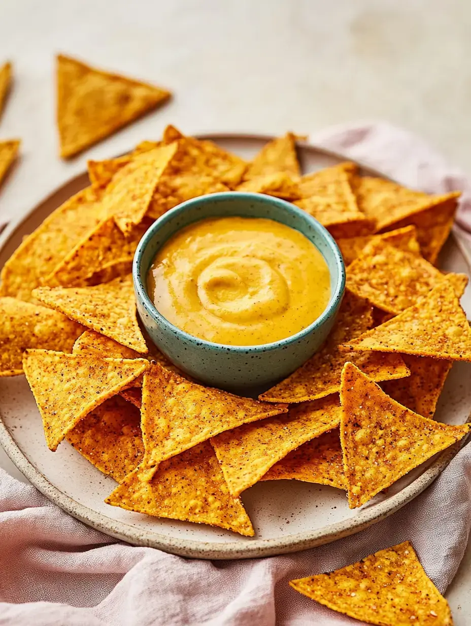 A big pile of tortilla-colored nachos circles a small bowl of creamy, yellow dipping sauce.