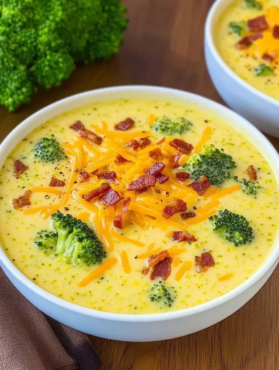 A creamy broccoli cheese soup in a white bowl, garnished with bacon pieces and cheddar cheese.
