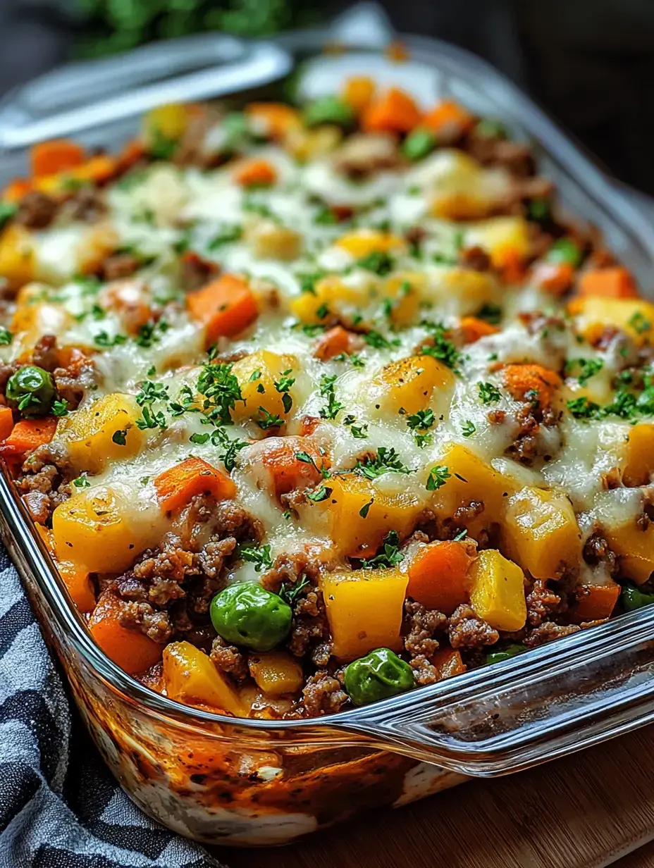 A hearty baked dish with ground meat, colorful vegetables and a cheese crust.