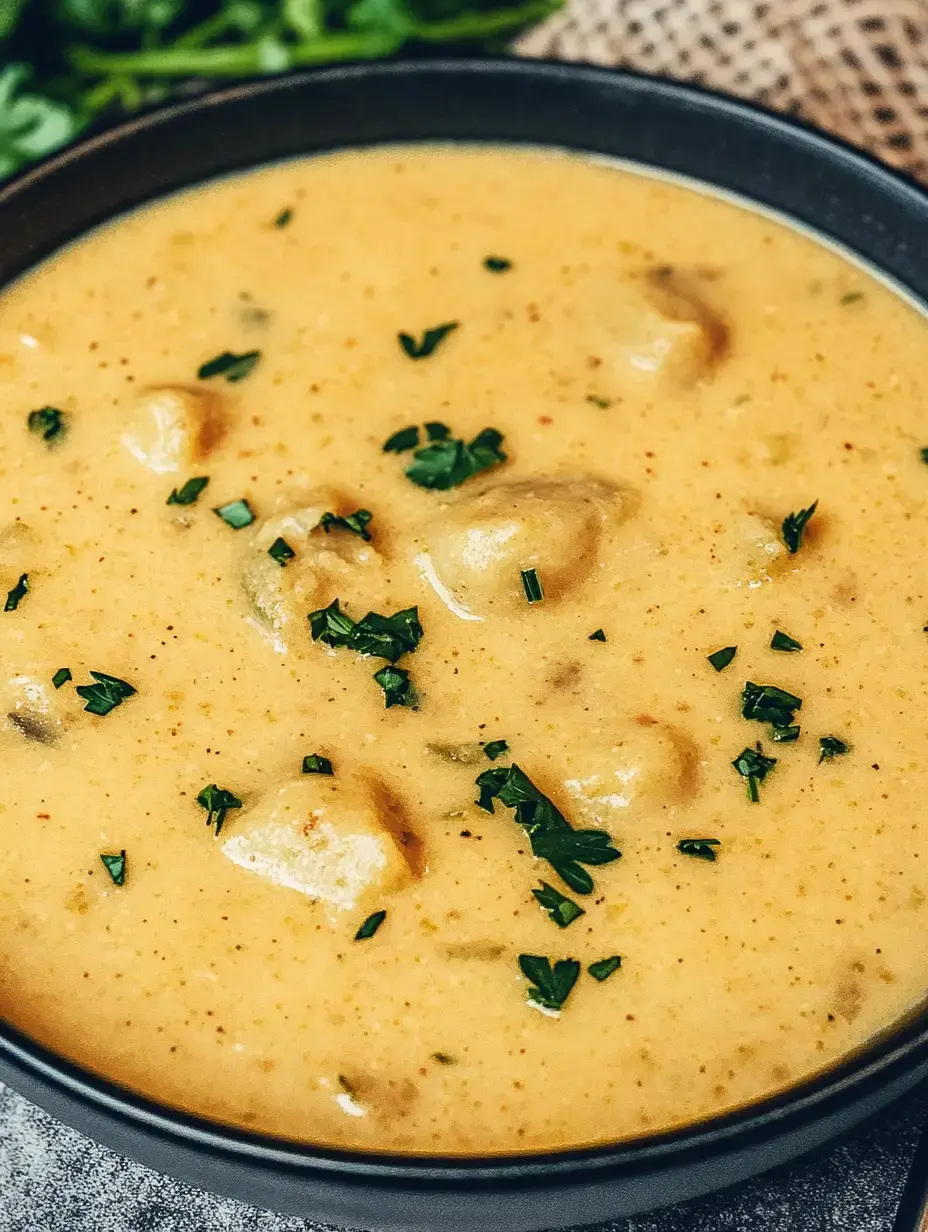 A plate of creamy soup loaded with little dumplings, topped with chopped parsley.