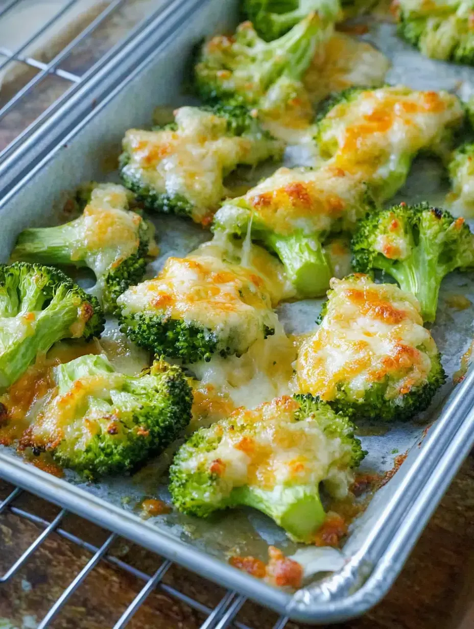 Roasted broccoli topped with melted cheese on a baking tray.