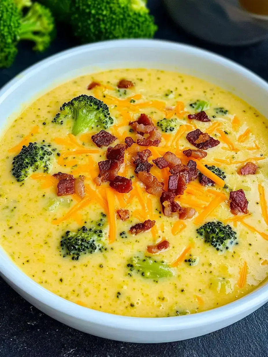 A bowl of creamy broccoli soup topped with grated cheddar cheese and crispy bacon.