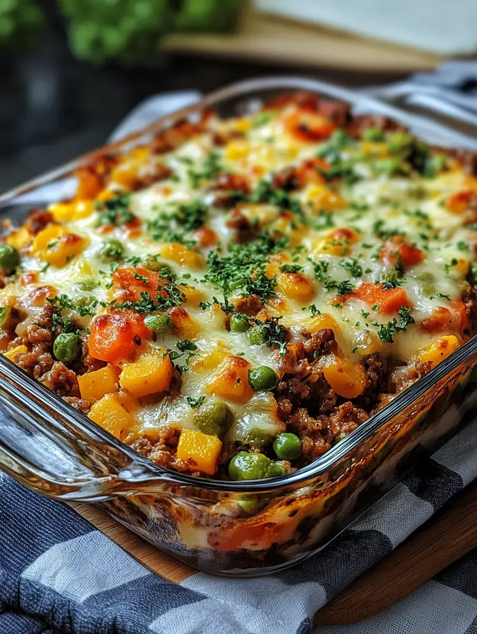 A baked dish with ground meat and mixed vegetables, covered with melted cheese and topped with fresh herbs.