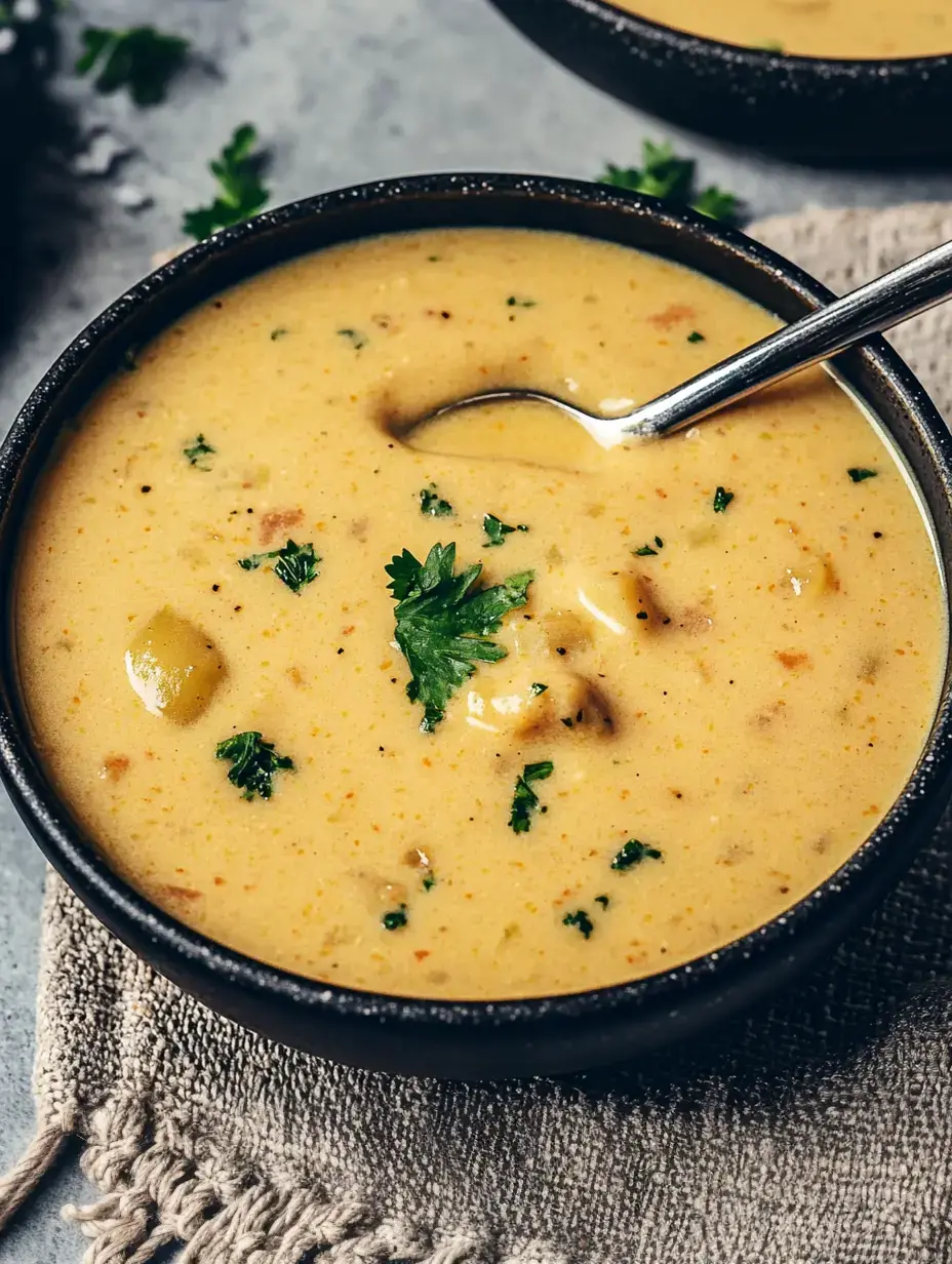 A bowl of thick, creamy soup with chunky bits and fresh cilantro in a black bowl.