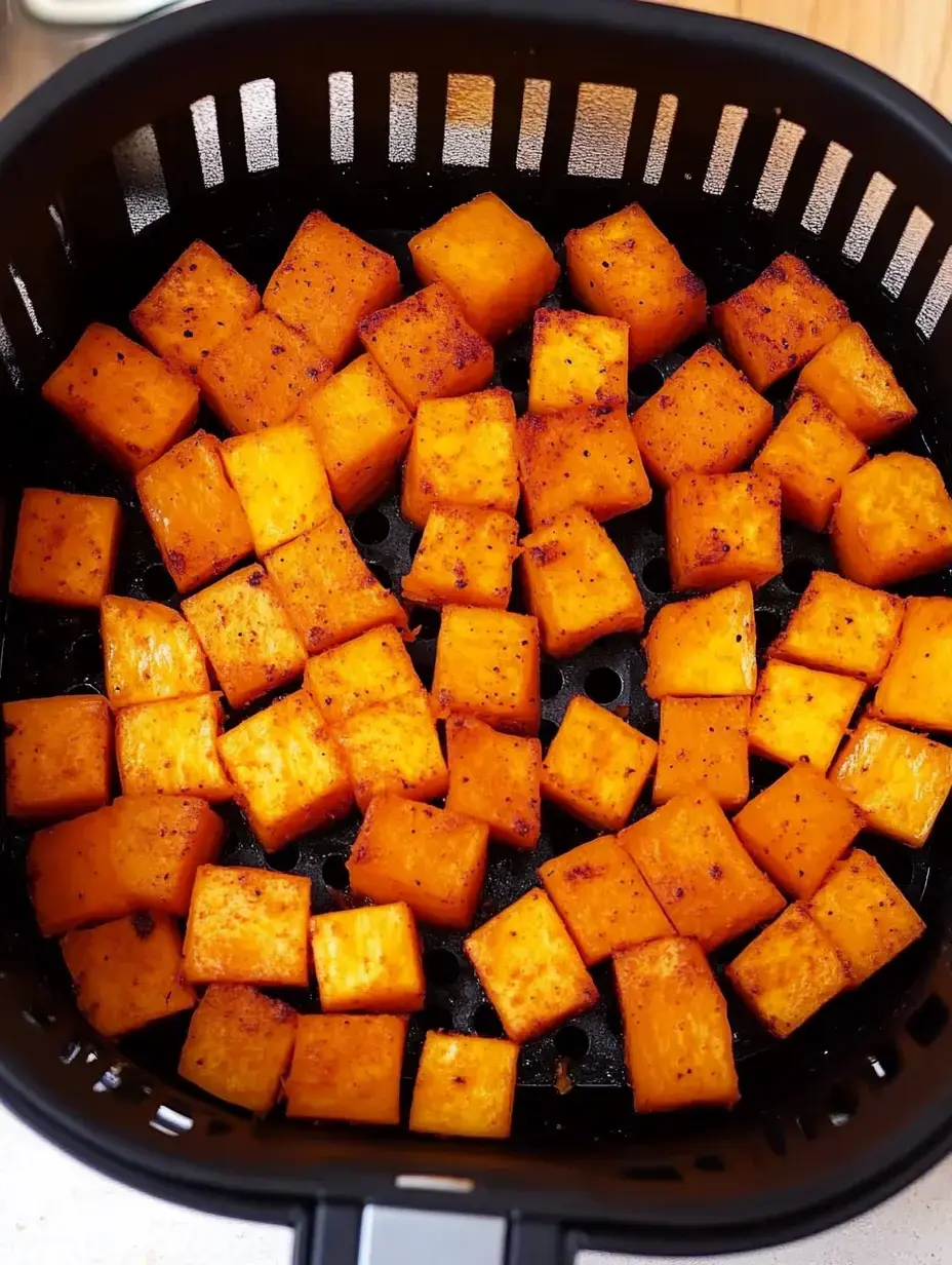 Square-cut roasted squash pieces in an air fryer basket.