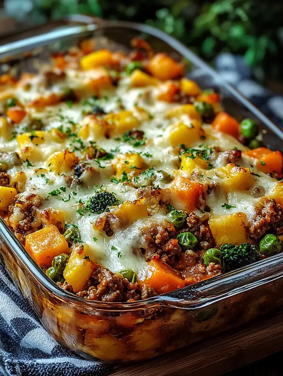 A freshly baked casserole with ground meat, colorful vegetables and a melting layer of cheese.