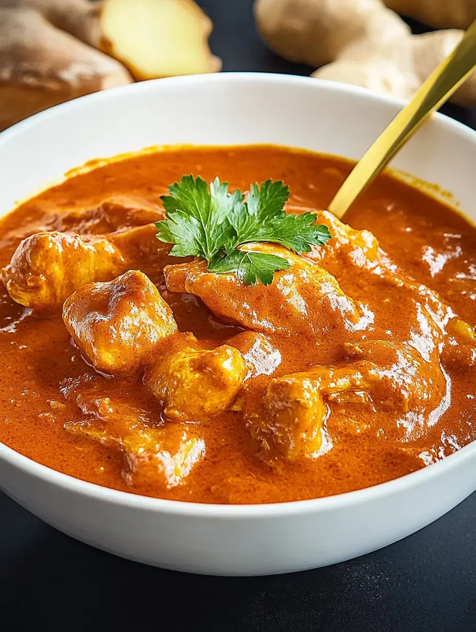 A white bowl filled with spicy curry, topped with fresh cilantro and pieces of meat.