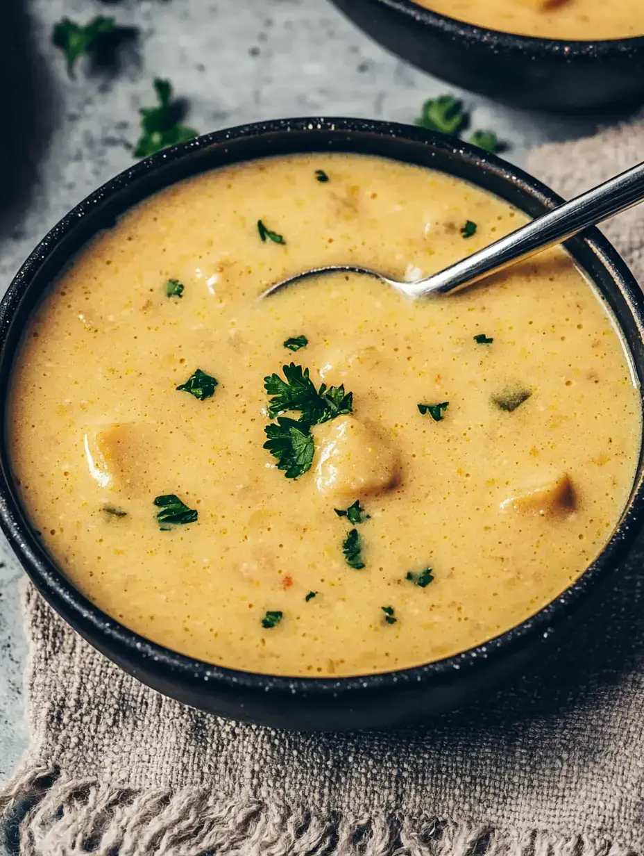A bowl of smooth soup with herbs, sitting on a table.