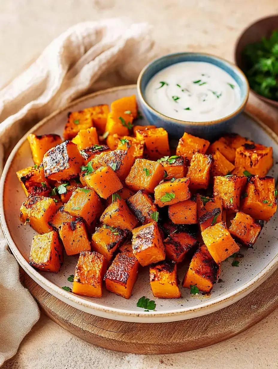 A plate filled with roasted squash cubes, topped with fresh cilantro, next to a small bowl of creamy dip.