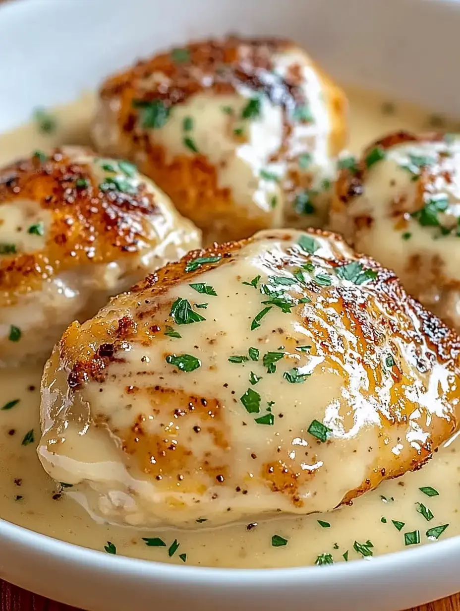 A plate showing golden-brown chicken breasts topped with creamy sauce and sprinkled with fresh parsley.