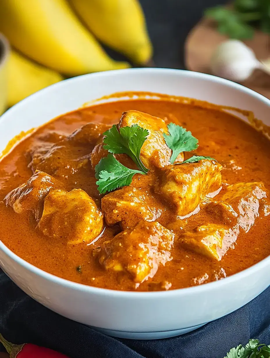 A bowl of creamy curry garnished with fresh cilantro against a background with bananas.