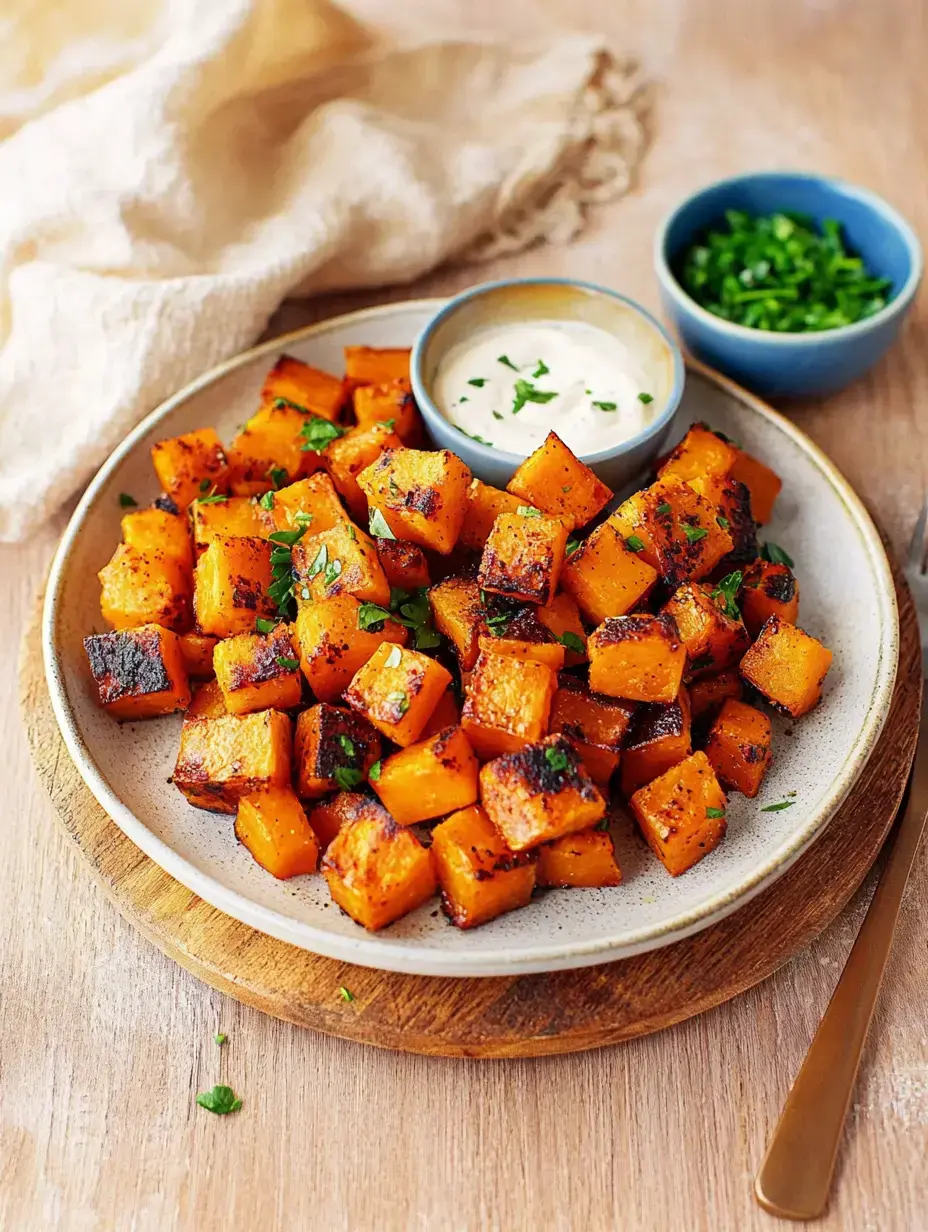 A plate of pan-seared squash cubes topped with herbs and served alongside a creamy dip.