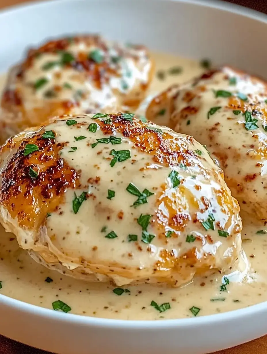 A plate with pan-seared chicken pieces in creamy sauce, finished with a pinch of fresh herbs.