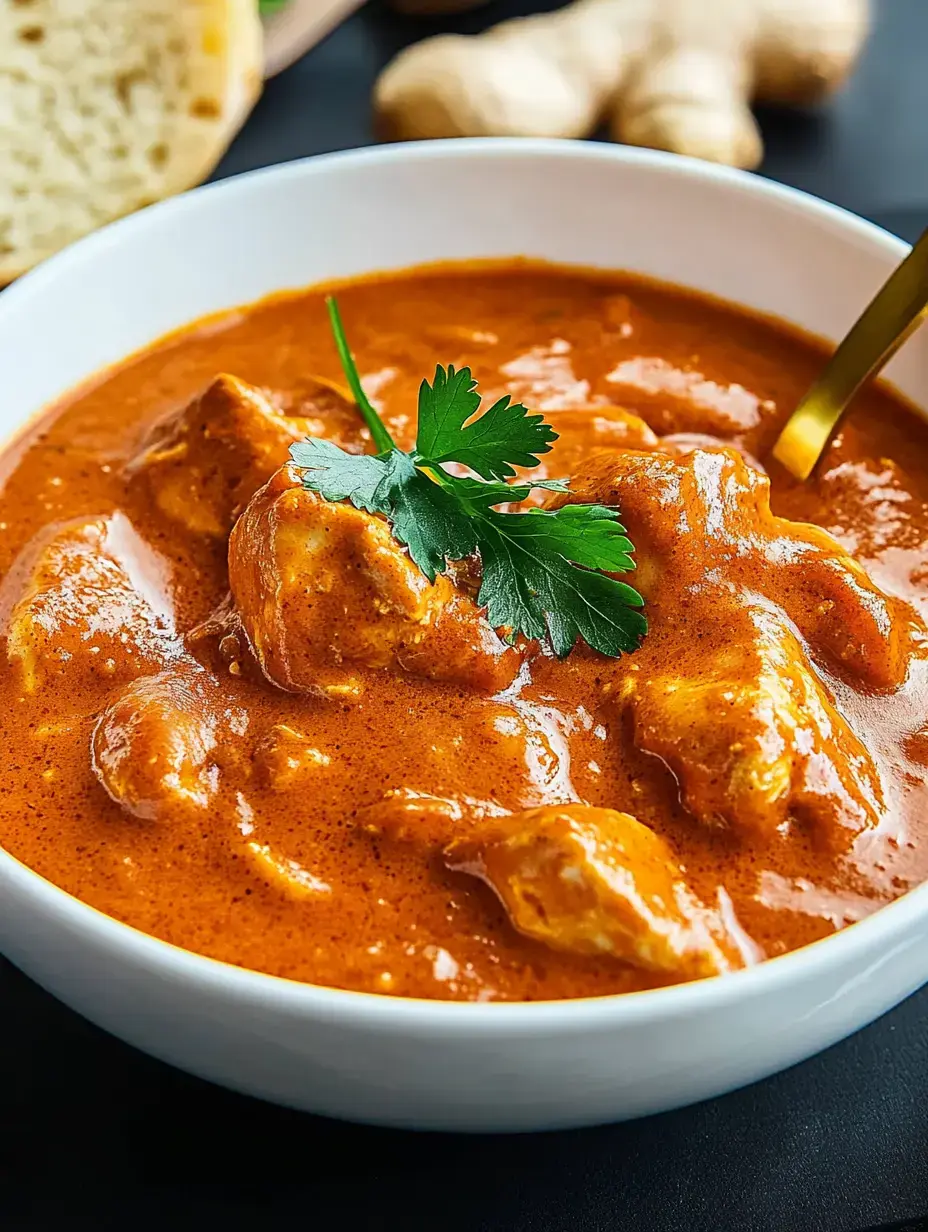 A bowl with juicy chicken in creamy, red sauce, topped with fresh cilantro.